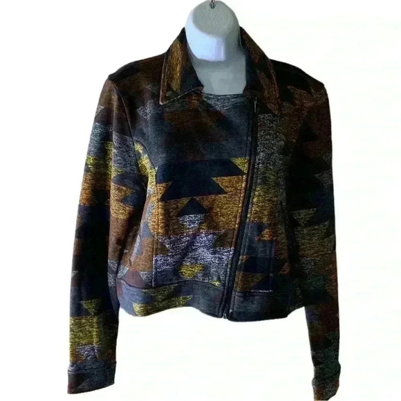 LuLaRoe Motorcycle Style Asymmetrical Aztec Print Jacket Zipper Pockets Size L - Picture 3 of 12